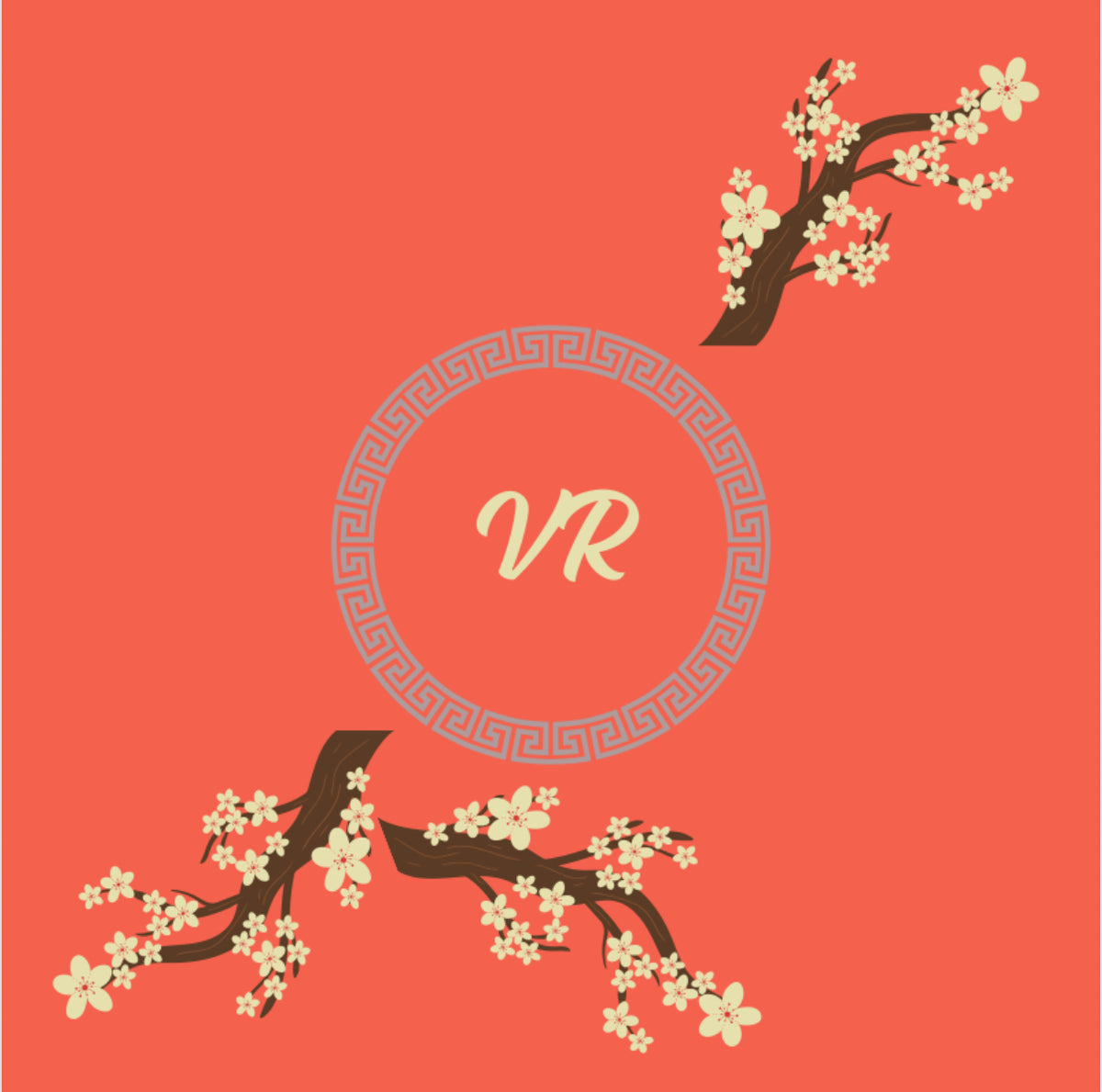 Decorative design with cherry blossom branches add your initials on a red background