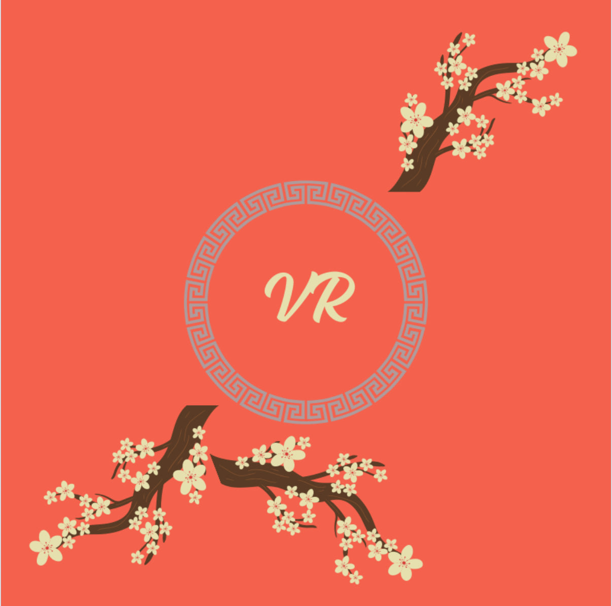 Decorative design with cherry blossom branches add your initials on a red background