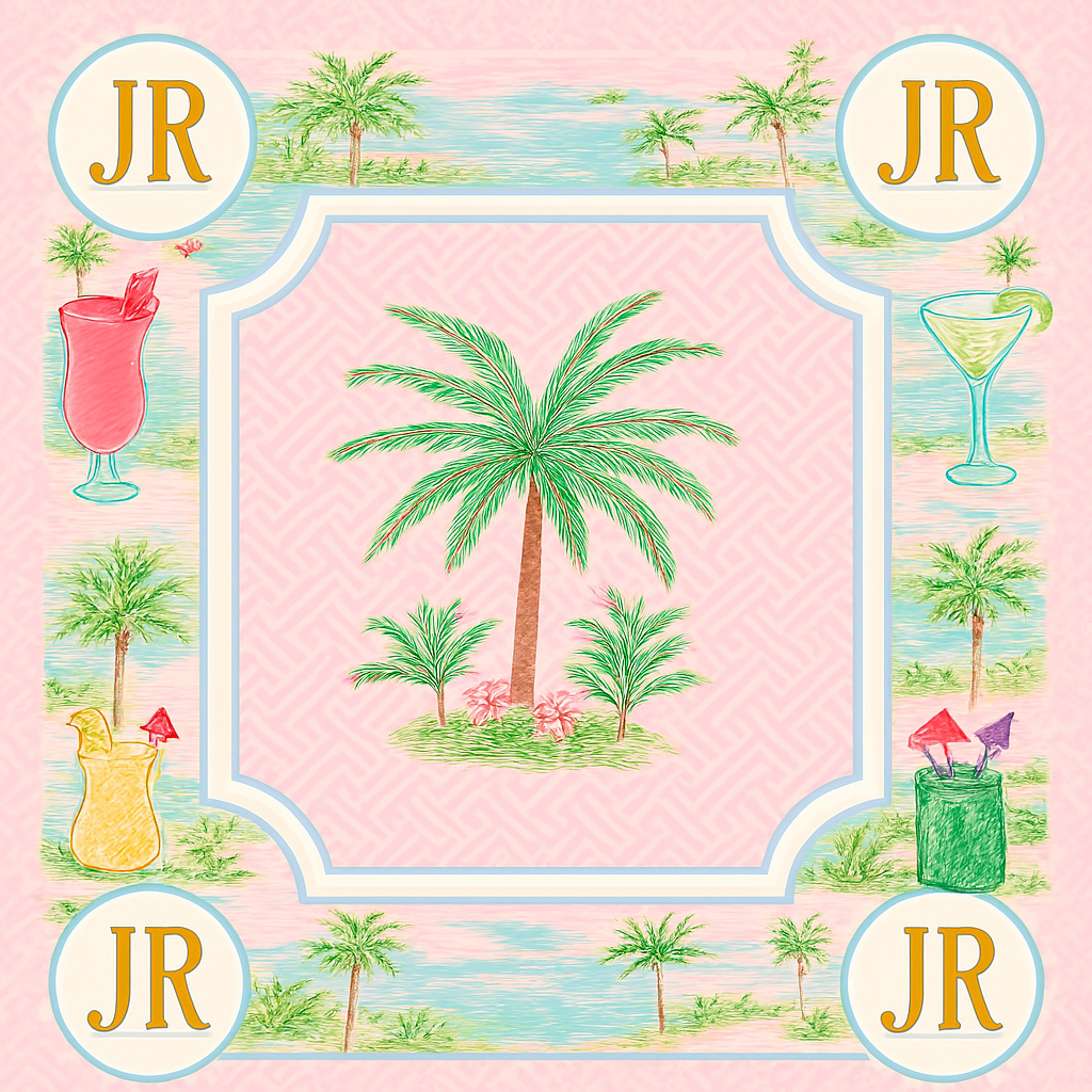 The Jaipur Personalised Mahjong Mat with Decorative design of palms, cocktails, and initials on a pink background designed by  Instyle Designs Hong Kong